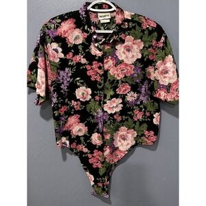 Vintage Women's Tie-Front Cropped Floral Blouse Sz M Shoulder Pads Belly Shirt